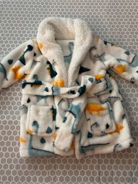 Plush Sherpa Baby Robe with Dino Print - White, Blue & Yellow. Size 0-6M